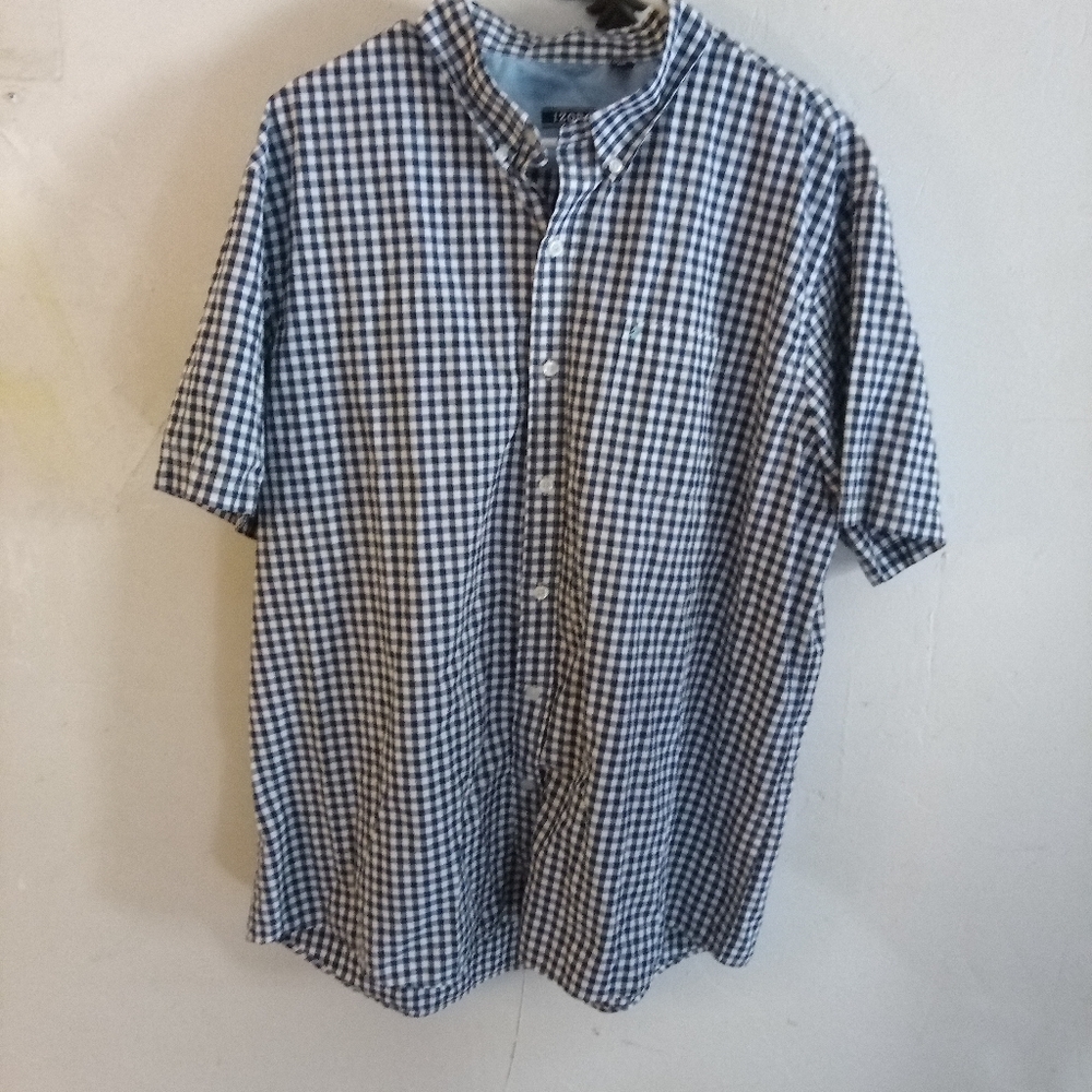 Izod Short Sleeved Men's Dress/Casual Shirt 2X LG Blue Check Checkered Button up